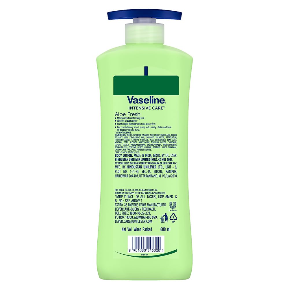 Vaseline Aloe Fresh Body Lotion,24 HR Long Lasting Moisturisation with Aloe Vera extract and Menthol, 400ml