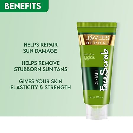 Jovees Herbal De-Tan Scrub With SPF For Brightening & Revitalizing Face Scrub | Remove Dead Skin | Gentle Exfoliation, Smooth and Clear Complexation With Turmeric & Aloe Vera | For All Skin Type- 100g