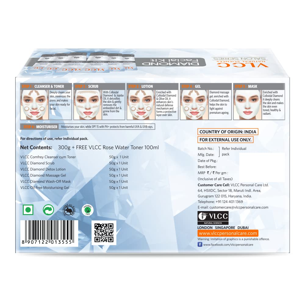 VLCC Diamond Facial Kit with FREE Rose Water Toner - 300g + 100ml | Skin Purifying Facial with Colloidal Diamond, Jojoba Oil, Olive Oil & Aloe Vera. Detoxifying At Home Facial.