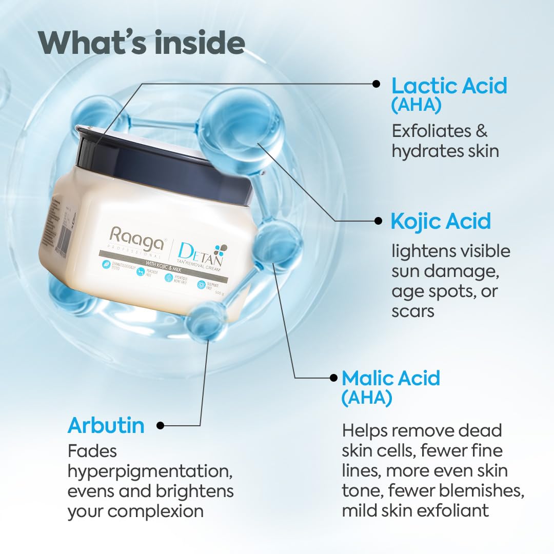 Raaga Professional De-Tan Pack with Kojic, Lactic Acid & Arbutin | Tan Removal Cream | Dermatologically Tested, Peroxide, Hydroquinone & Sulphate Free Face Pack- 500g