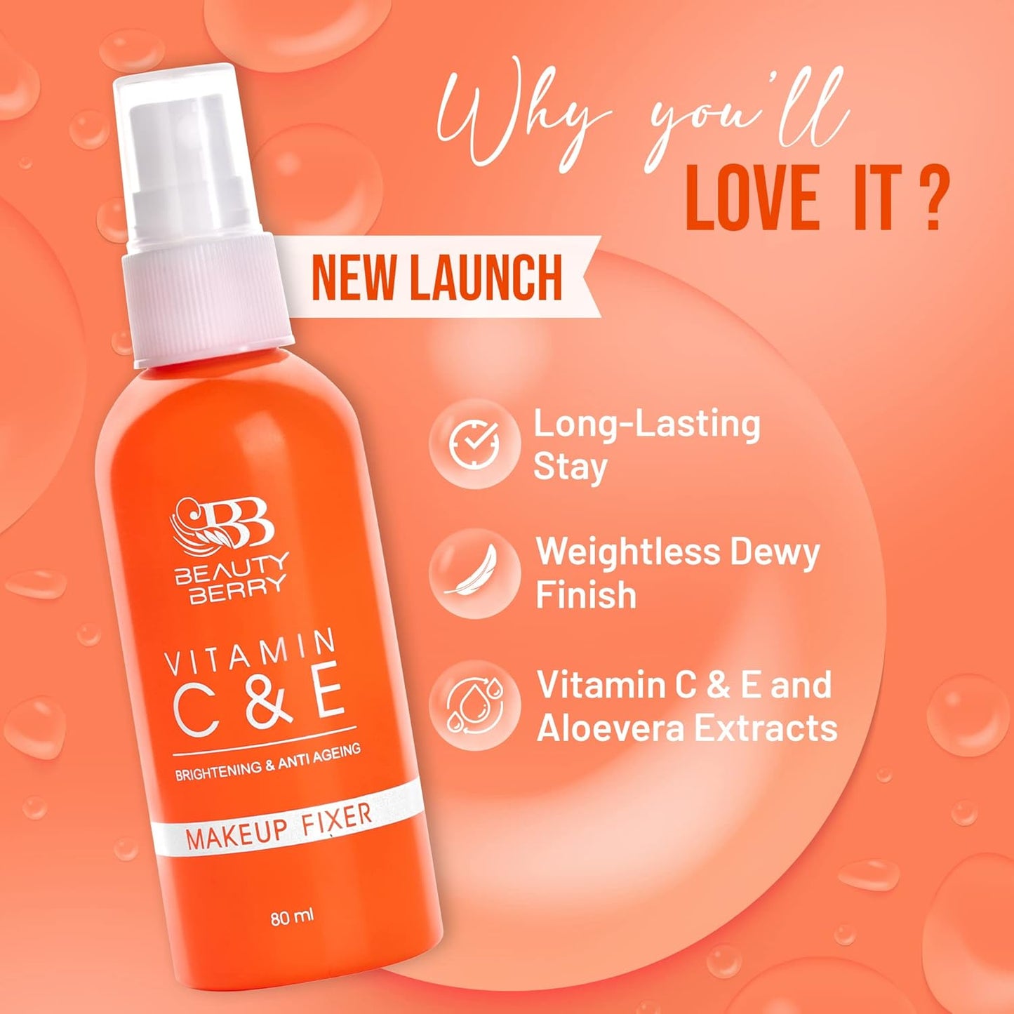 Beauty Berry Long Lasting Makeup Fixer Spray with Vitamin C & E | Non-Sticky & Hydrating Formula | Weightless Makeup Setting Spray for Women (80ml)