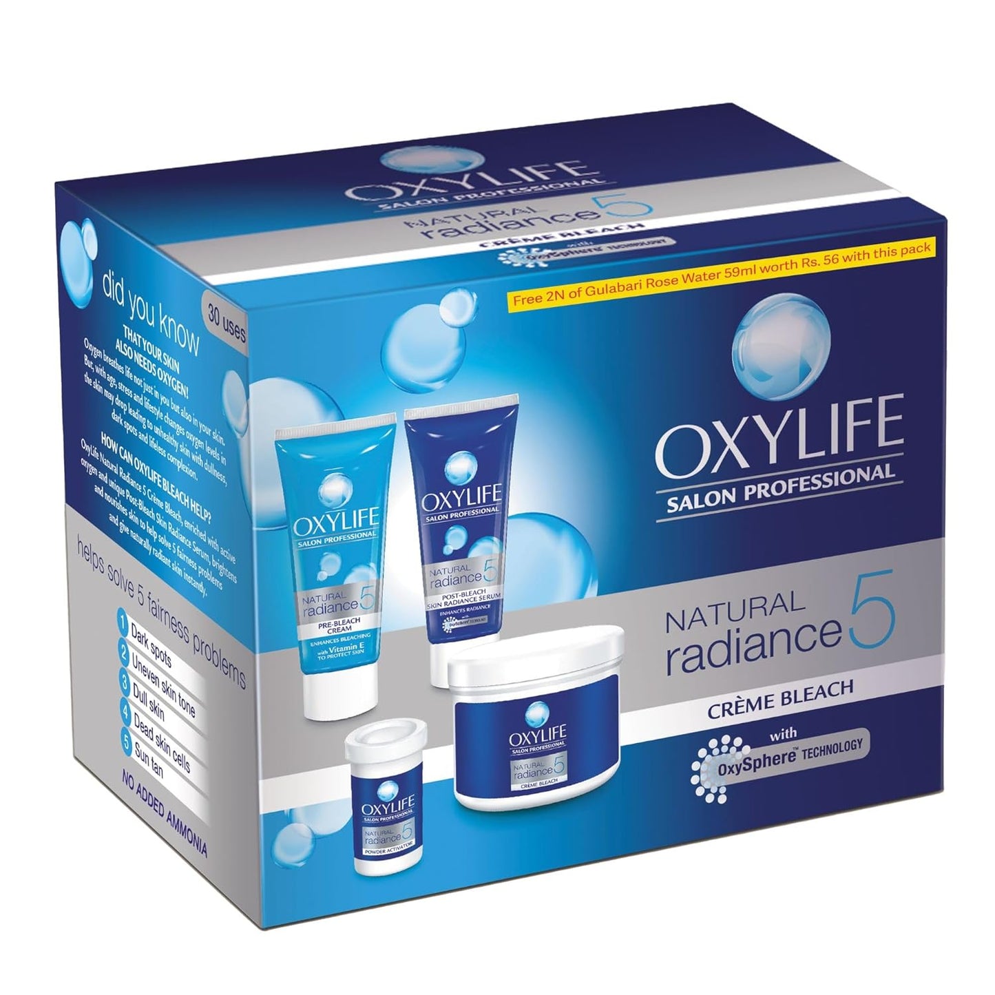 Oxylife Salon Professional Natural Radiance 5 Crème Bleach, 310g (x2 Gulabari Rose Water, 59ml) With Oxysphere Technology For Radiant & Even Skin Tone, Vitamin E & Glycerine, Fights 5 Skin Problems