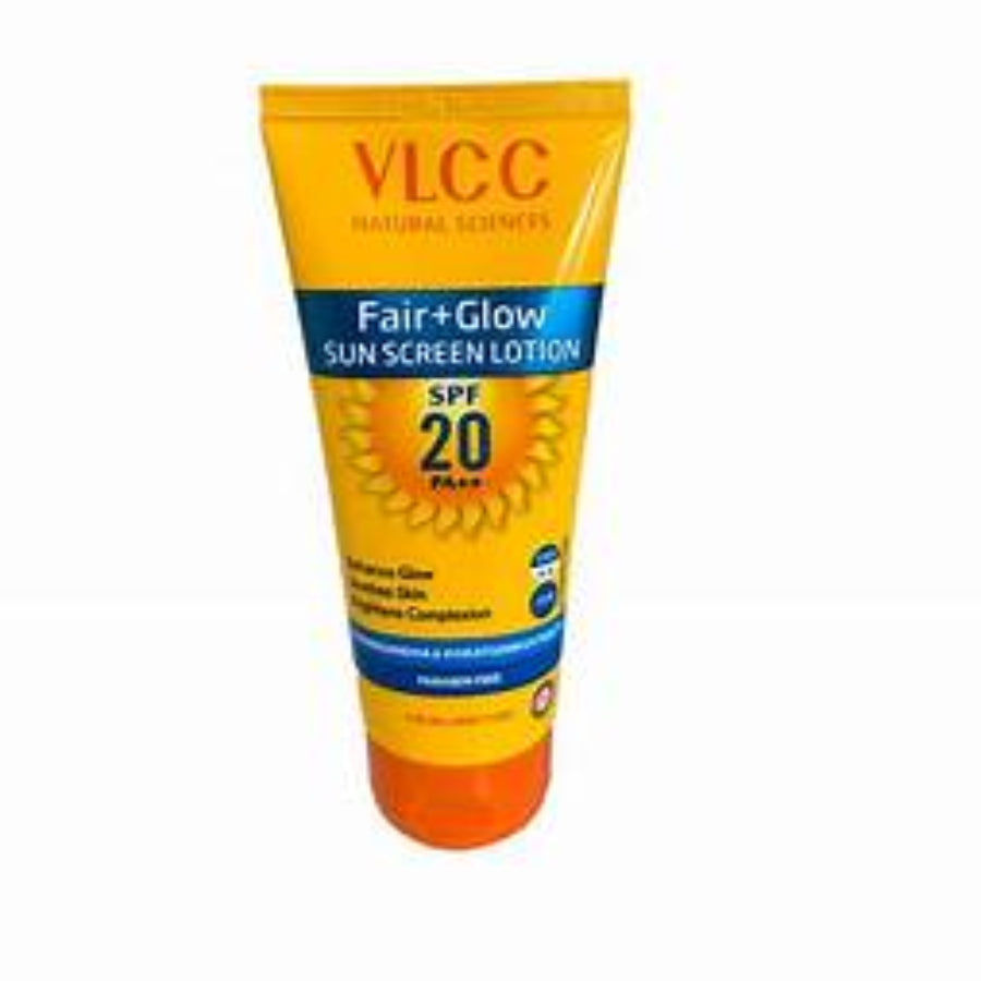 VLCC Fair + Glow Sun Screen Lotion Spf 20 PA++ - 50ml | Brightening Formula Sunscreen | Zero White Cast SPF | Non-Greasy Sunscreen | With Ashwagandha, Carrot & Wheatgerm Extracts.