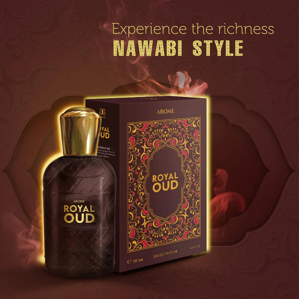 Royal Oud perfume bottle and packaging with decorative design on a dark background