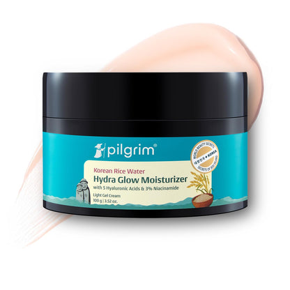 Pilgrim Korean Rice Water Hydra Glow Moisturizer 100Gm with 5 Hyaluronic Acids, 3% Niacinamide, 5 Ceramides | 5x Hydration & Instant Glass Skin | Oil-Free, Lightweight Gel | All SkinTypes | Women,Men