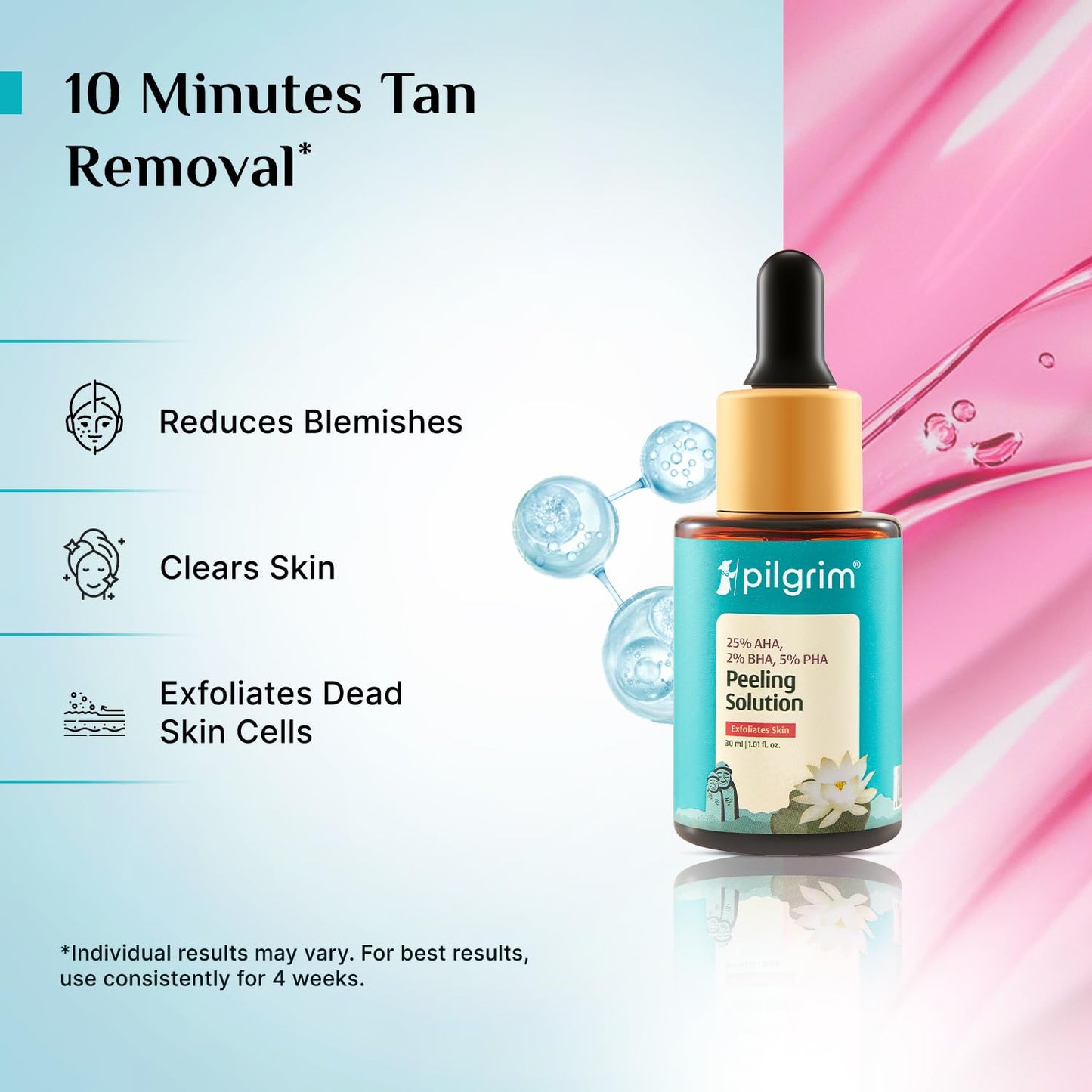 Pilgrim 25% AHA + 2% BHA + 5% PHA Peeling Solution 30ml For Face & Body |10-Minute Facial At Home|Gentle Exfoliating Serum for Tan Removal |For Glowing Skin, Even Skin Tone, Pore Cleansing |Men, Women