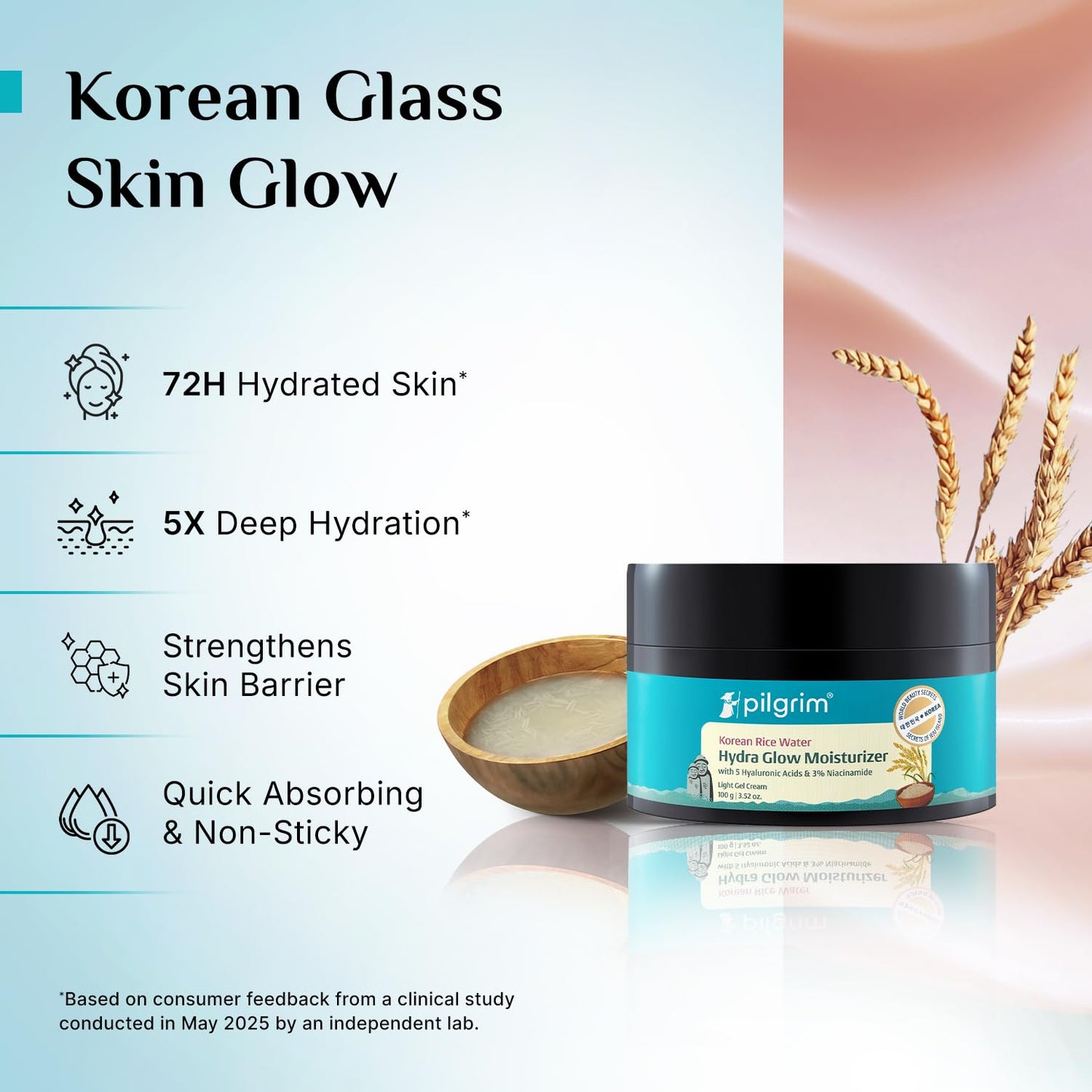 Pilgrim Korean Rice Water Hydra Glow Moisturizer 100Gm with 5 Hyaluronic Acids, 3% Niacinamide, 5 Ceramides | 5x Hydration & Instant Glass Skin | Oil-Free, Lightweight Gel | All SkinTypes | Women,Men