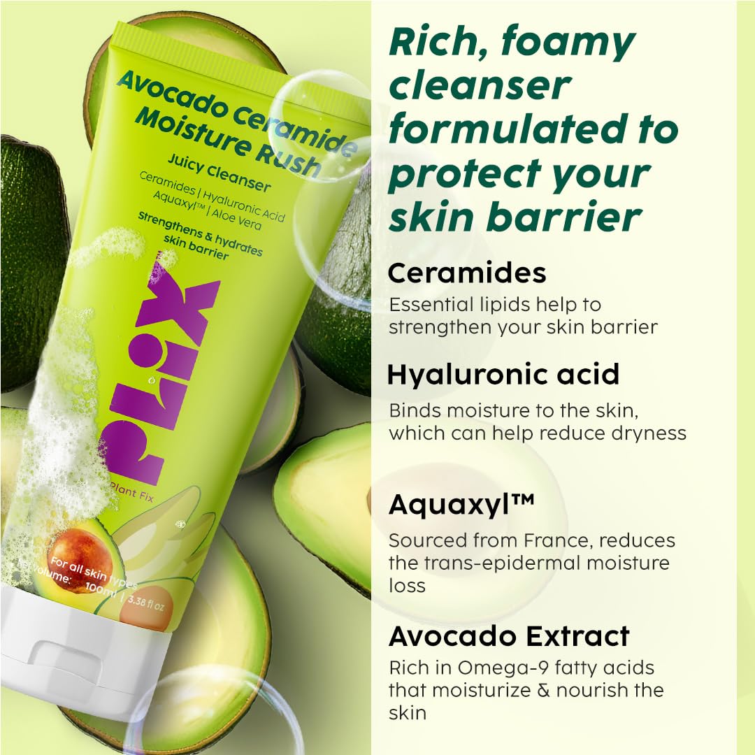 PLIX - THE PLANT FIX Avocado Ceramide Moisture Rush Juicy Cleanser (100 ml) | Ceramide Face Wash| Nourishes and Hydrates Skin | Gentle Cleanser for Sensitive Skin | For Men & Women