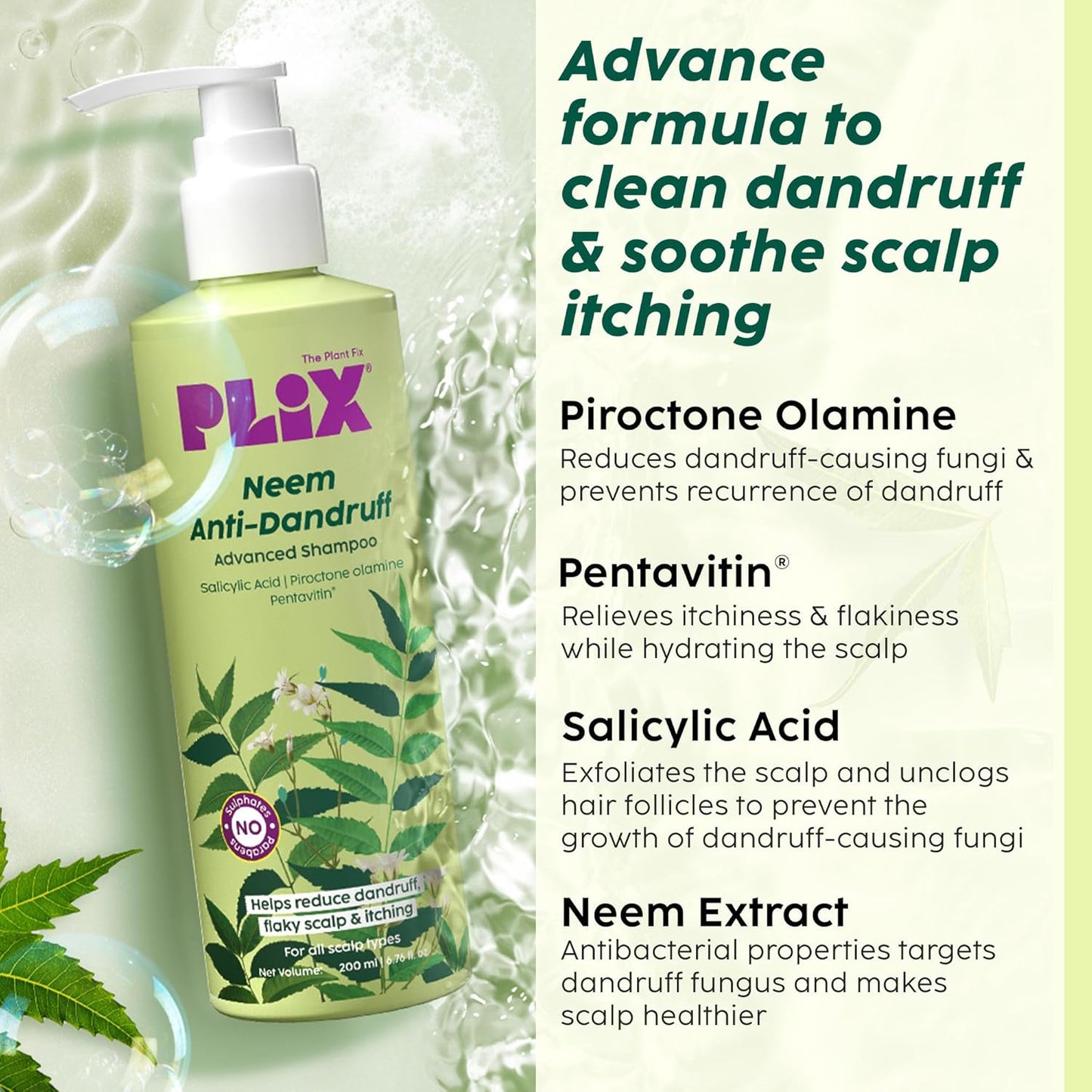 The Plant Fix Plix Neem Anti-Dandruff Advanced Shampoo | Piractone Olamine & Pentavitin Paraben & Sulphate Free | For Men & Women | 200ml