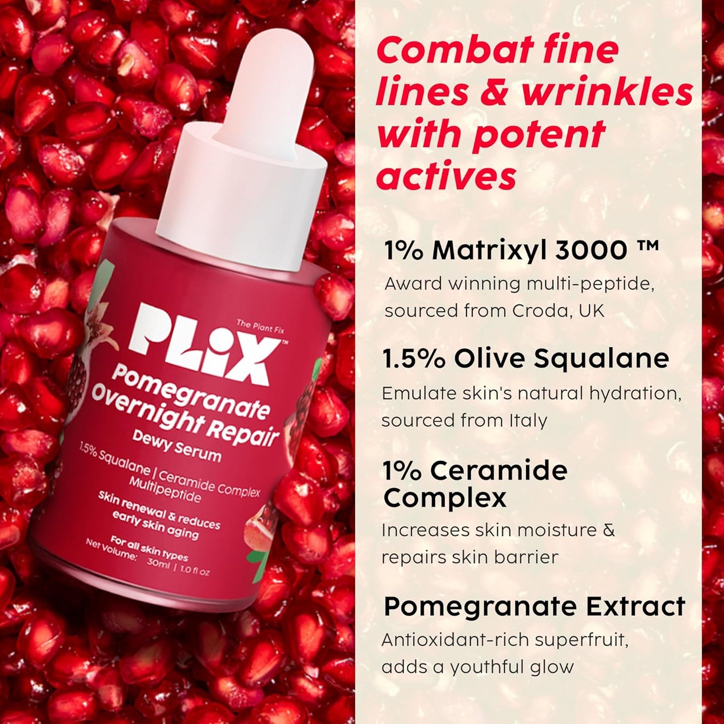 PLIX - THE PLANT FIX Pomegranate Overnight Repair Dewy Serum (30ml) for Ageless Younger Skin | Reduce Fine Lines & Wrinkles | Collagen Boosting, Hydrating Serum for Women & Men | Anti-ageing