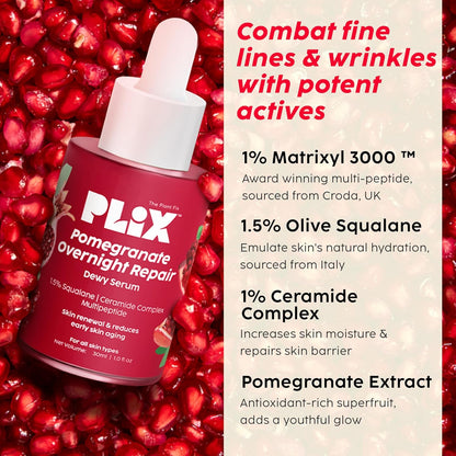 PLIX - THE PLANT FIX Pomegranate Overnight Repair Dewy Serum (30ml) for Ageless Younger Skin | Reduce Fine Lines & Wrinkles | Collagen Boosting, Hydrating Serum for Women & Men | Anti-ageing