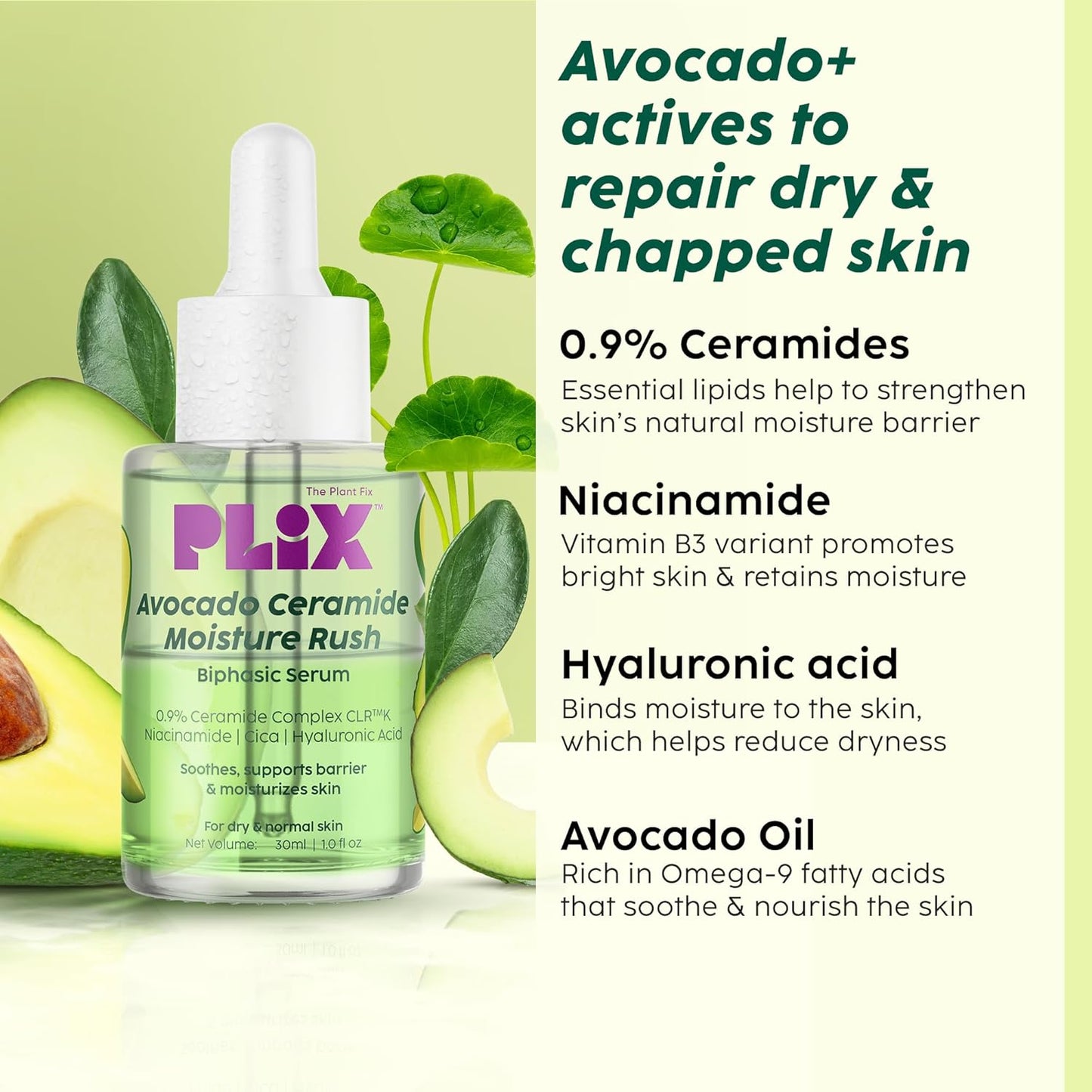 PLIX - THE PLANT FIX Avocado Ceramide Moisture Rush Biphasic Serum| For Deep Nourishment & Strengthened Skin Barrier| Nourishes and Hydrates Skin| For Dry Skin, Normal Skin & Sensitive Skin | 30ml