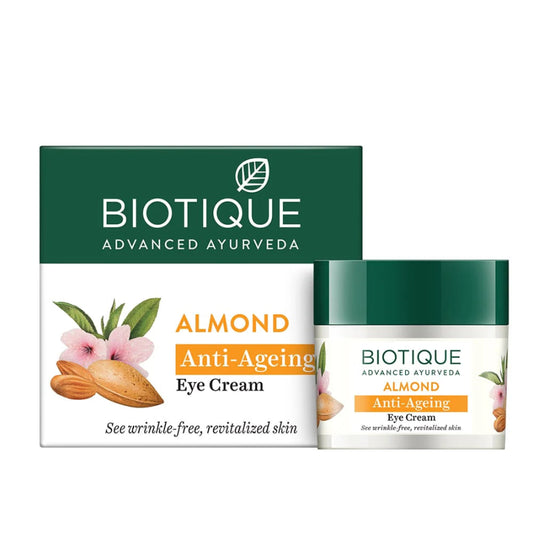 Biotique Almond Anti-Ageing Eye Cream| Ayurvedic and Organically Pure| Under Eye Cream for Dark Circles| Reduces Puffiness and Wrinkles |100% Botanical Extracts| Suitable for All Skin Types | 15gm